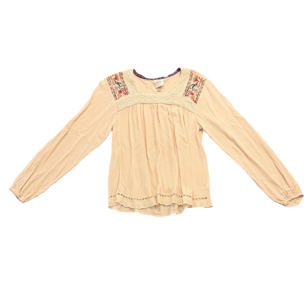 Knox Rose Womens Long Sleeve Boho Floral Embroidered Peasant Blouse Cream Small